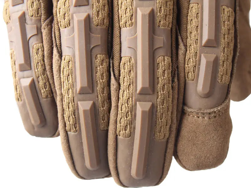 Tan tactical gloves with reinforced rubberized palm and knuckle padding and breathable mesh panels for enhanced grip.
