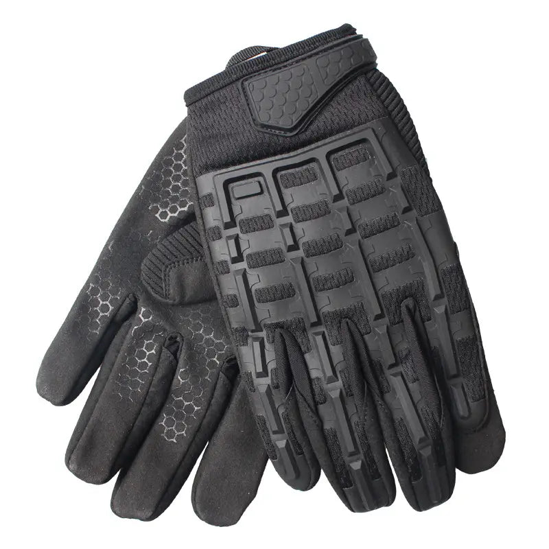 Black tactical gloves with textured reinforced palm and finger grips designed for enhanced durability and grip in tactical use.
