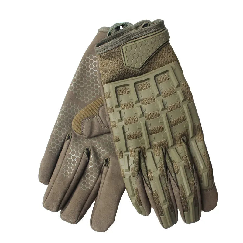 Tan tactical gloves with reinforced knuckles feature a reinforced palm and finger grips with a honeycomb pattern on the back of the hand.