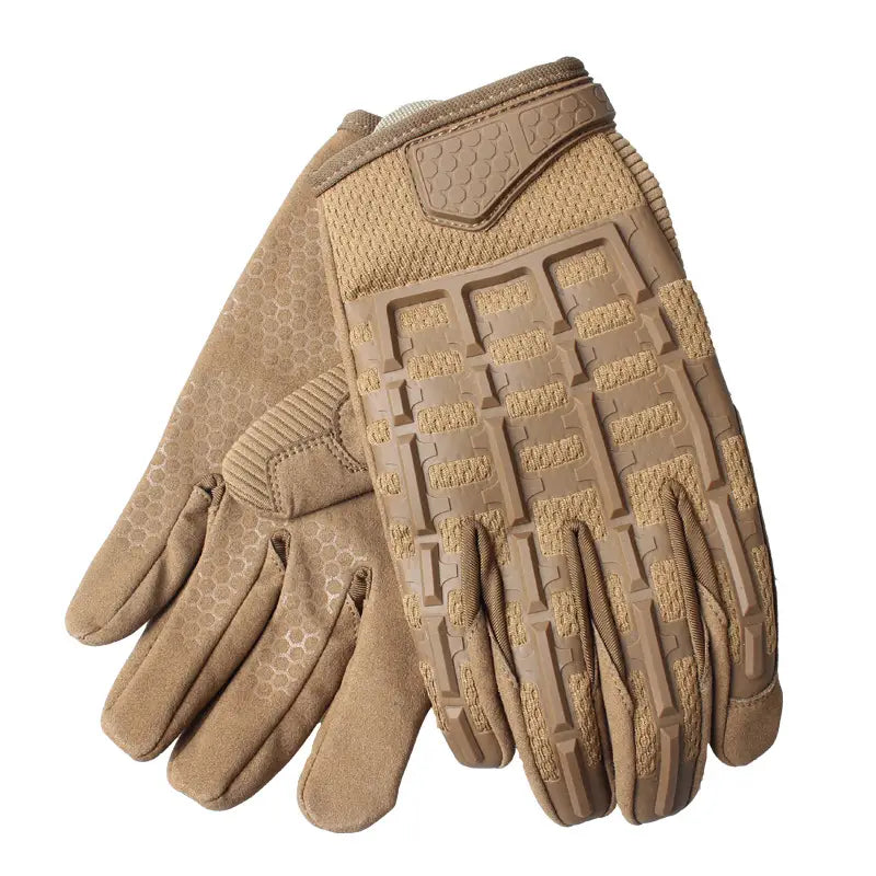 Tan tactical gloves with reinforced knuckles featuring a textured, reinforced palm and finger panels for enhanced grip.
