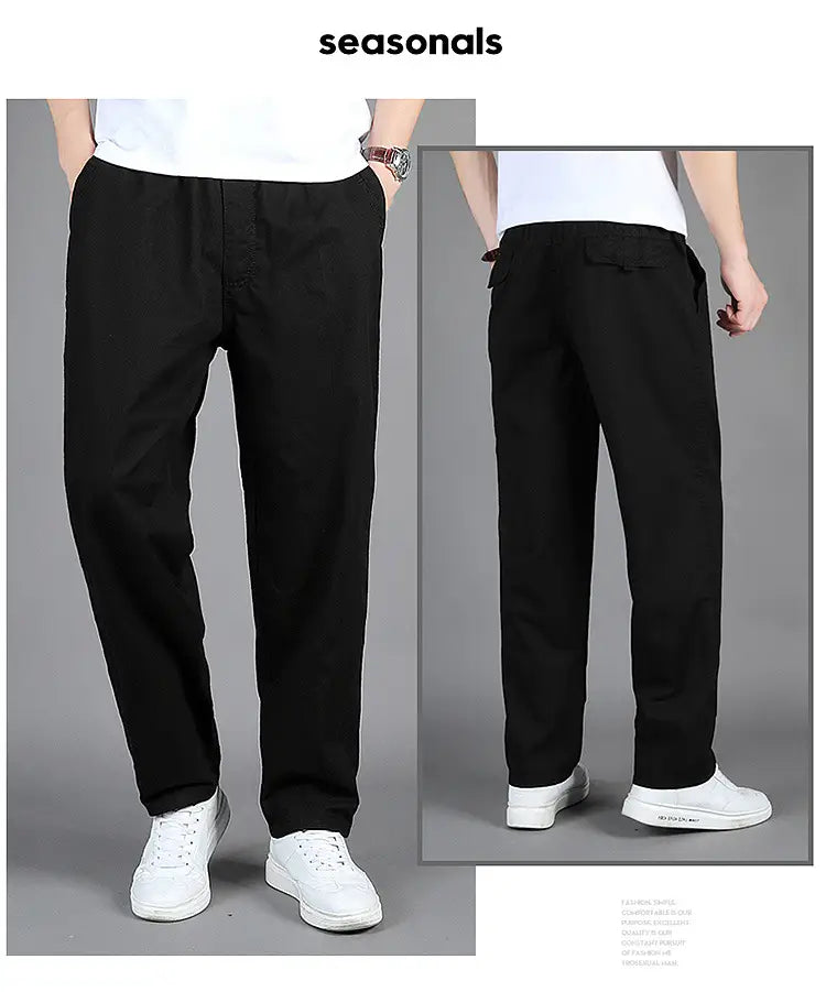 Men cargo pants casual relaxed fit cotton trousers in black featuring a relaxed fit and elastic waistband.