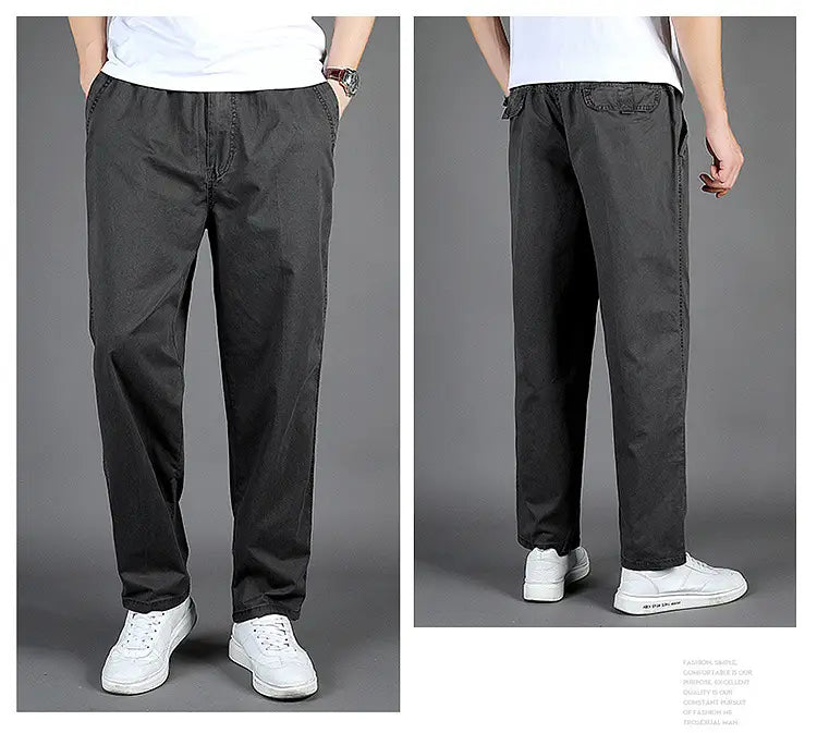 Men cargo pants casual relaxed fit cotton trousers in dark gray featuring a drawstring waist and side pockets for comfort and practicality.