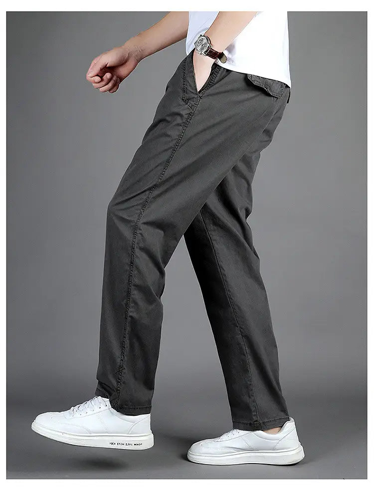 men cargo pants casual relaxed fit cotton trousers in dark gray with straight-leg cut and visible stitching along the seams