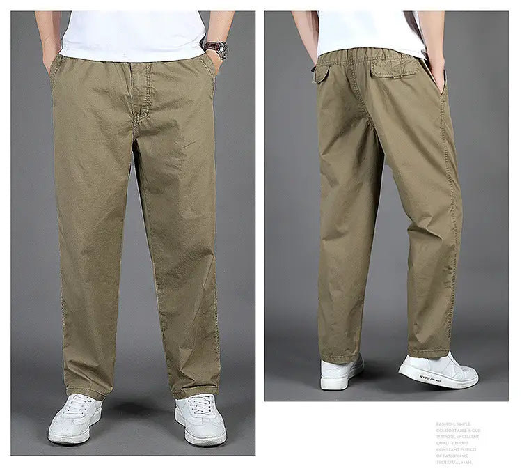 Men cargo pants casual relaxed fit cotton trousers in khaki color featuring an elastic waistband and side pockets for comfortable wear.