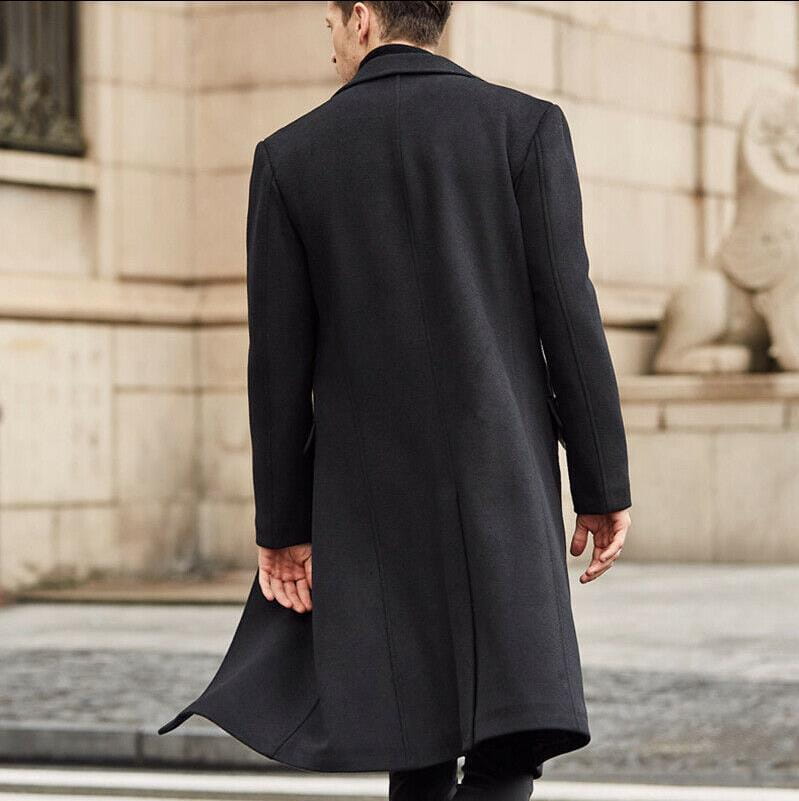 men’s black wool trench coat with a classic double-breasted design and notched lapels.