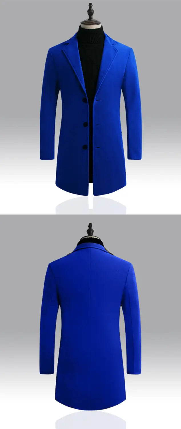 A vibrant royal blue Korean style slim woolen trench coat for men featuring a sleek tailored fit and black buttons.