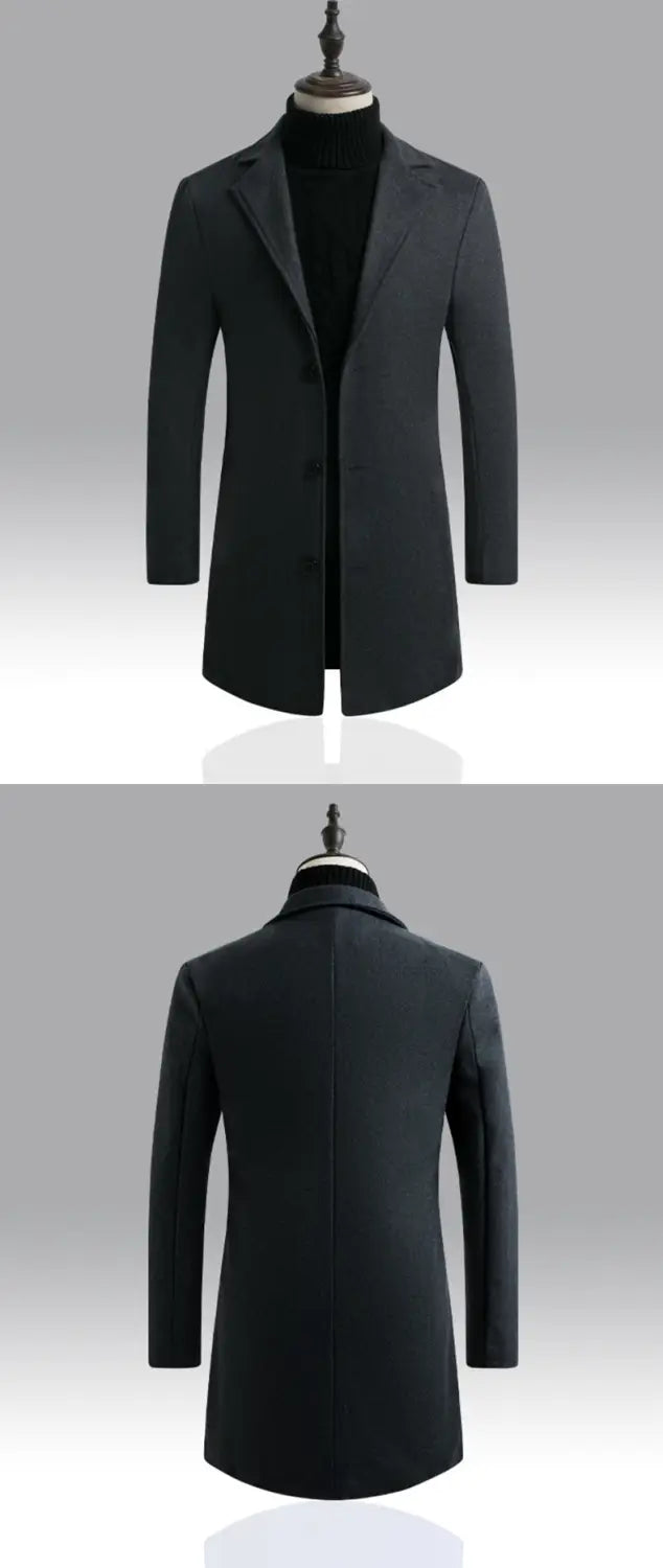 Black wool overcoat with notched lapels and single-breasted design in Korean style slim woolen trench coat for men.