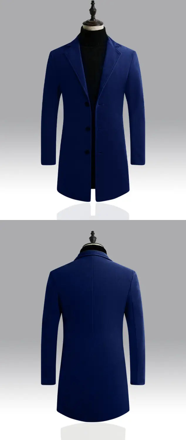 A sleek navy blue Korean style slim woolen trench coat for men featuring a classic notched lapel and three-button front.