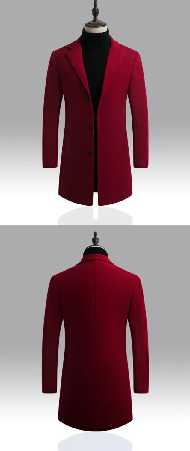 A sleek solid red wool overcoat with a classic notched lapel and three black buttons in Korean style slim woolen trench coat men.