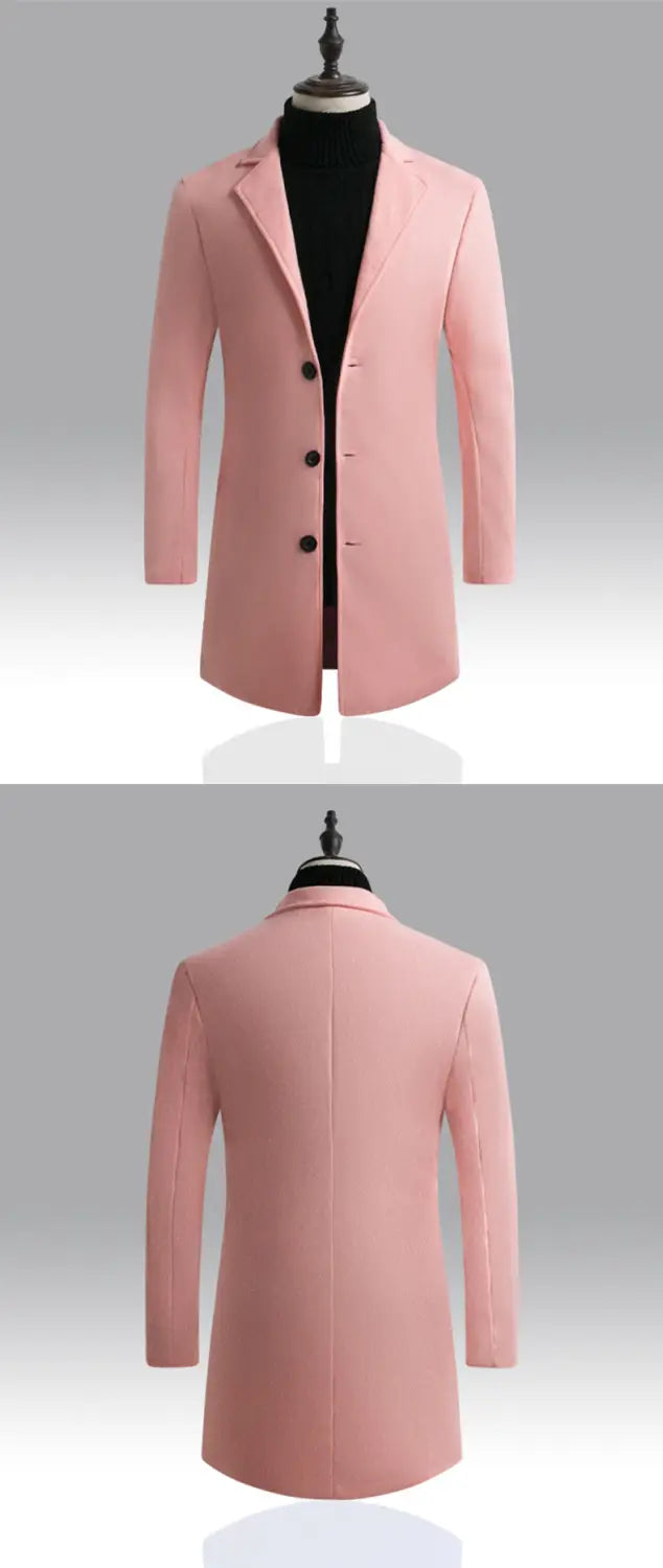 A sleek long pink wool overcoat with black buttons and classic notched lapel featured in the Korean style slim woolen trench coat men collection.
