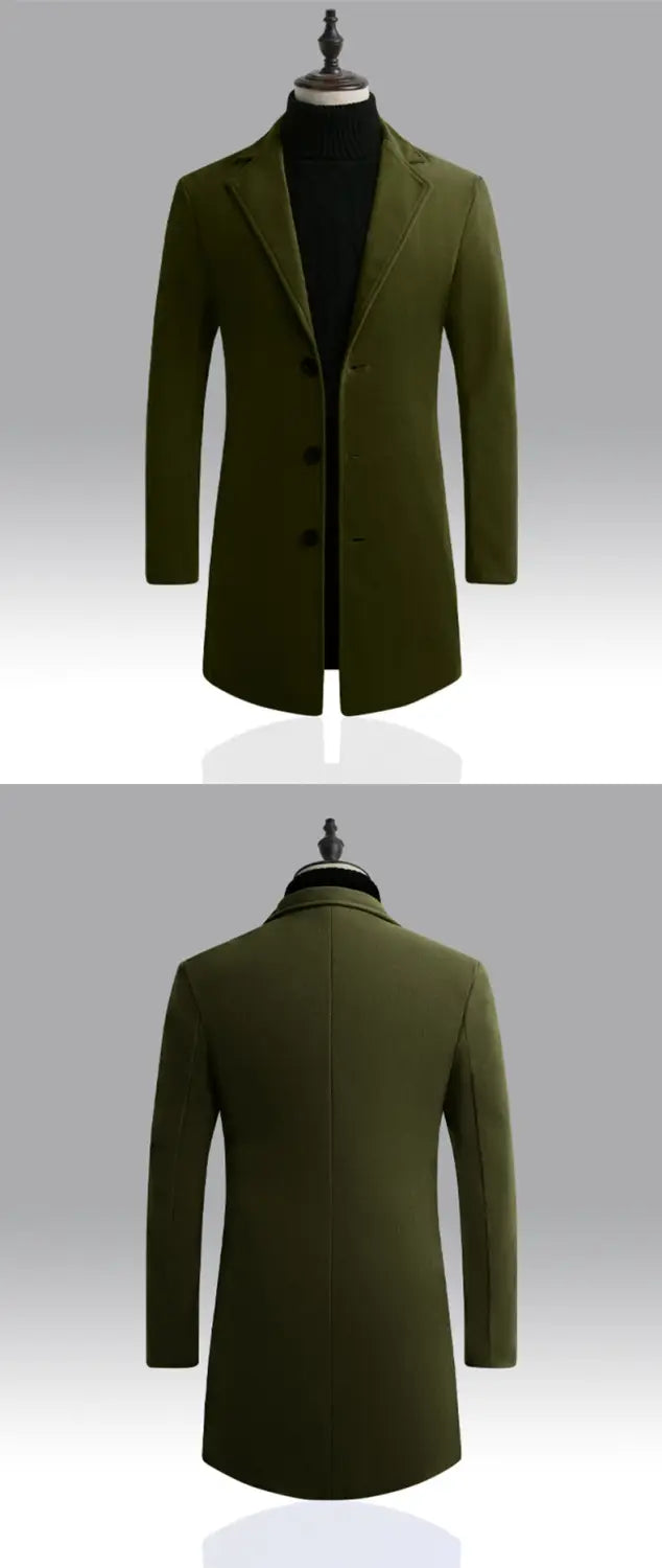 Olive green Korean style slim woolen trench coat for men featuring black buttons and a notched lapel.