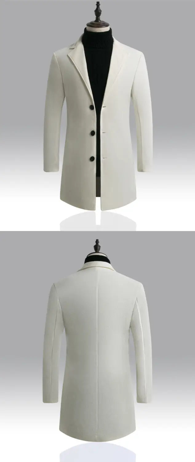 A sleek off-white wool overcoat with a classic notched lapel and five black buttons in Korean style slim woolen trench coat for men.