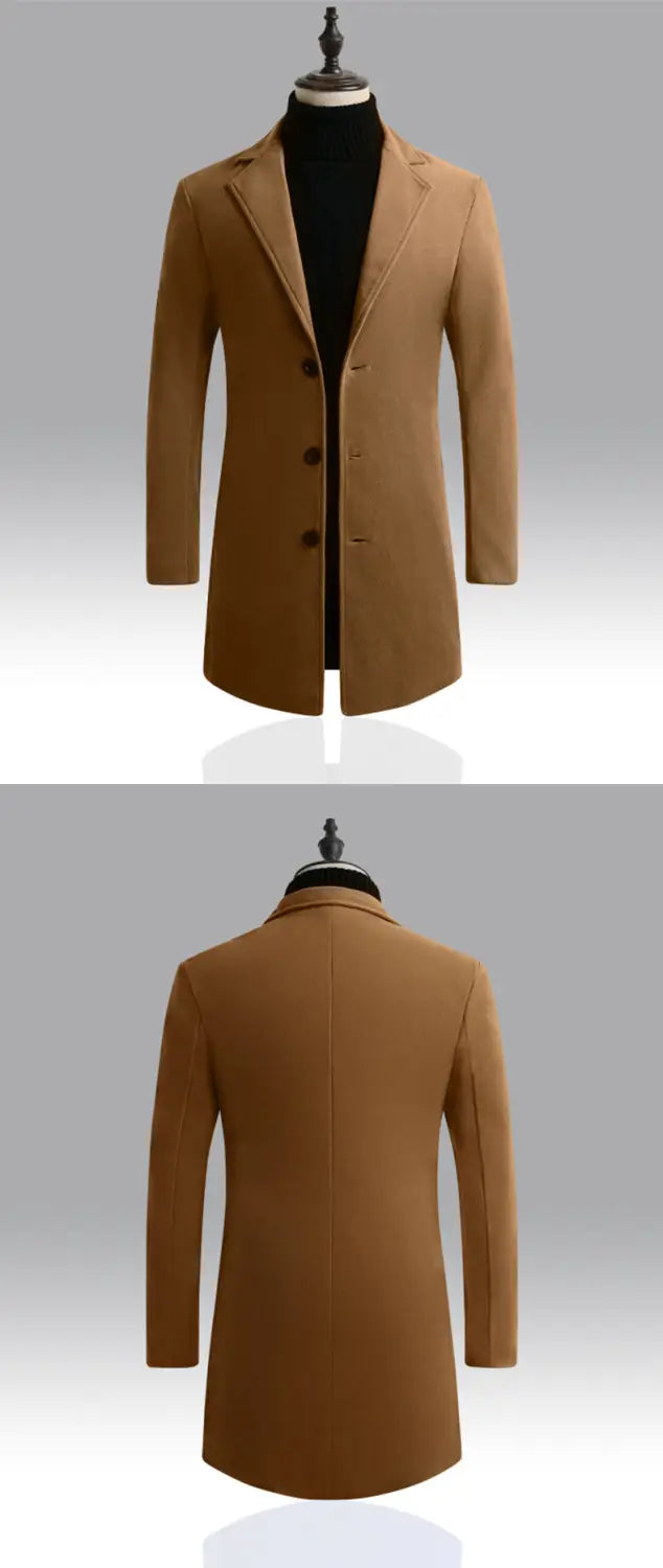 A camel-colored slim woolen trench coat for men featuring a sleek design with a classic notched lapel and three dark buttons.