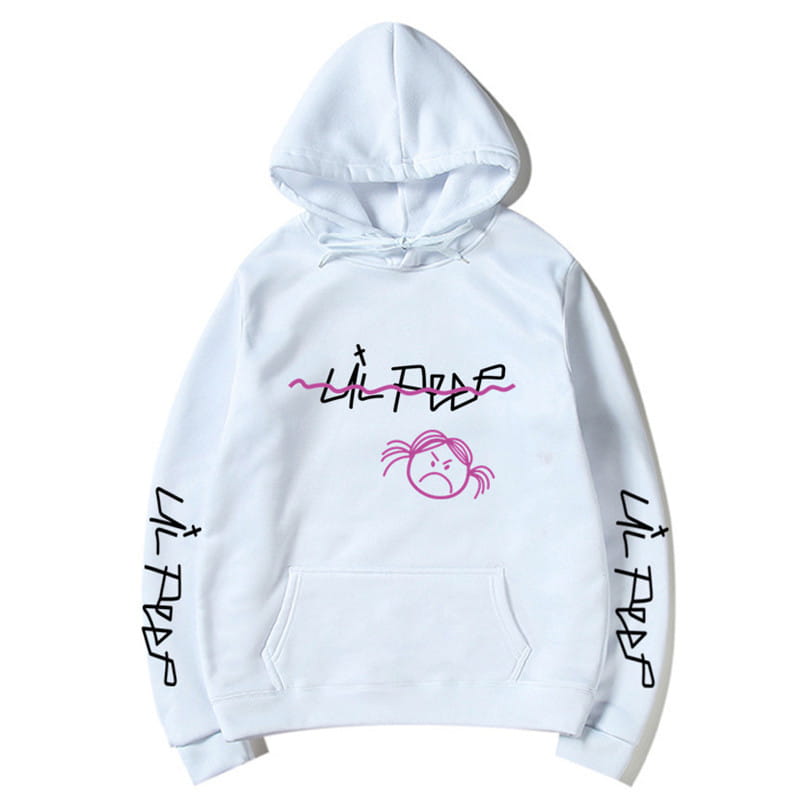 Weiße Pullover-Kapuzenjacke mit pinken und schwarzen Lil-Peep-Graffiti-Style-Texten sowie einer passenden Cartoon-Gesichtsgrafik auf der Brust mit senkrechter Beschriftung auf beiden Ärmeln.