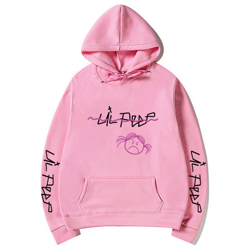 Pinkfarbener Lil-Peep-Grafikdruck-Pullover mit Kapuze, mit passendem pinkem Cartoon-Gesicht und Lil-Peep-Text mit schwarzer Beschriftung an den Ärmeln