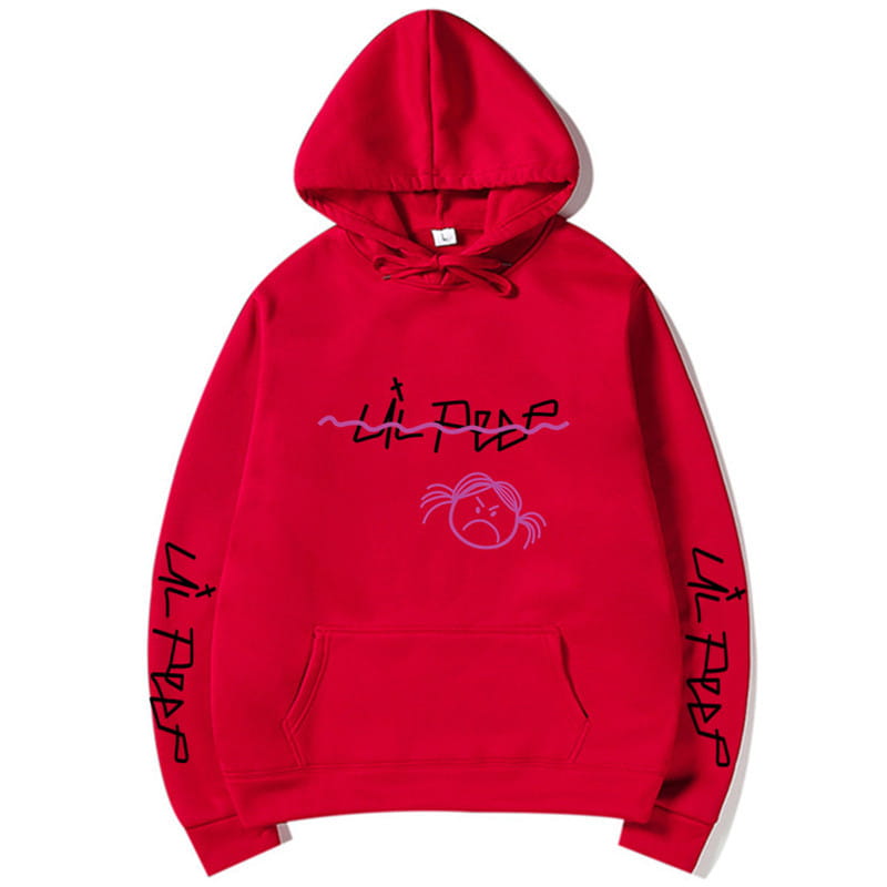 Lebhaft roter Lil-Peep-Grafikdruck-Pullover mit Kapuze: mit einem pink bestickten Lil-Peep-Signature-Emblem und Cartoon-Gesicht vorne sowie schwarzer kursiver Beschriftung entlang beider Ärmel.