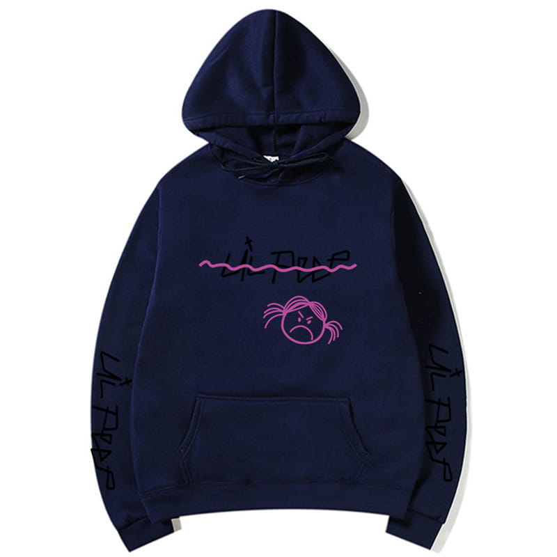 Marineblauer Pullover mit Kapuze: mit einer pink bestickten trauriges-Gesicht-Grafik mit Lil-Peep-Text darüber und schwarzer Graffiti-Style-Beschriftung auf jedem Ärmel.