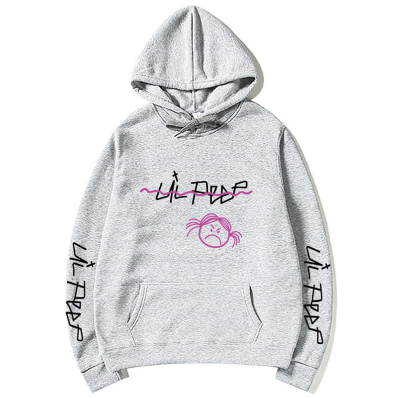 Grauer melierter Lil-Peep-Grafikdruck-Pullover mit Kapuze: mit pinken und schwarzen Graffiti-Style-Texten sowie Cartoon-Gesicht auf der Brust und wiederholender senkrechter Beschriftung auf beiden Ärmeln.