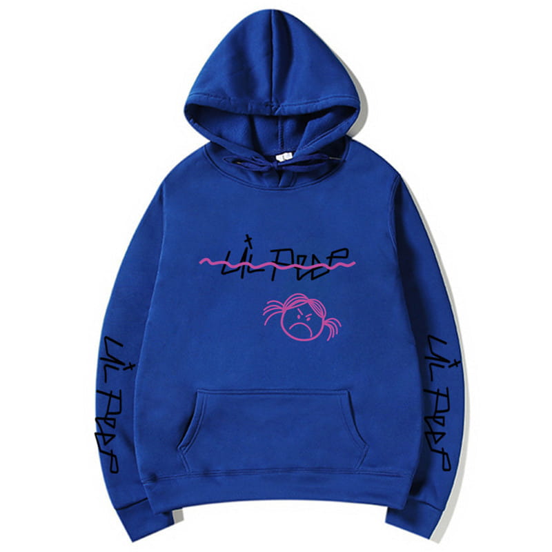 Königsblauer Lil-Peep-Grafikdruck-Pullover mit Kapuze: mit einem pink bestickten Logo und traurigem Gesicht mit Zöpfen, akzentuiert durch schwarzer Graffiti-Style-Beschriftung auf beiden Ärmeln.