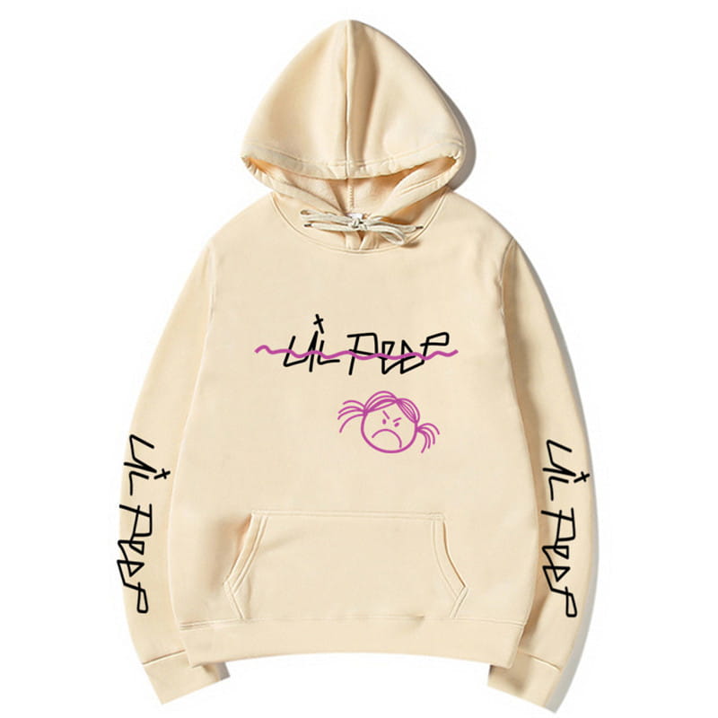 Cremefarbener Lil-Peep-Grafikdruck-Pullover mit Kapuze: mit einem pink-schwarzen Signatur-Logo mit seinem Gesicht sowie seinem Namen, beidseitig senkrecht auf beiden Ärmeln aufgedruckt.
