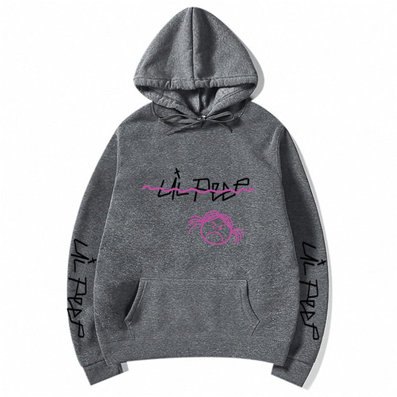 Grauer Kapuzenpullover mit Grafikdruck: Lil-Peep-Text im pink-schwarzen Graffiti-Style und passender Cartoon-Gesichtsgrafik, deren Design über die Ärmel hinunter wiederholt wird.