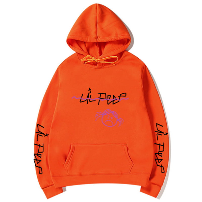 Leuchtend orangefarbener Lil-Peep-Grafikdruck-Pullover mit Kapuze: mit einer Graffiti-Style-Pink-Gesichtsgestaltung und schwarzer Beschriftung auf den Ärmeln.