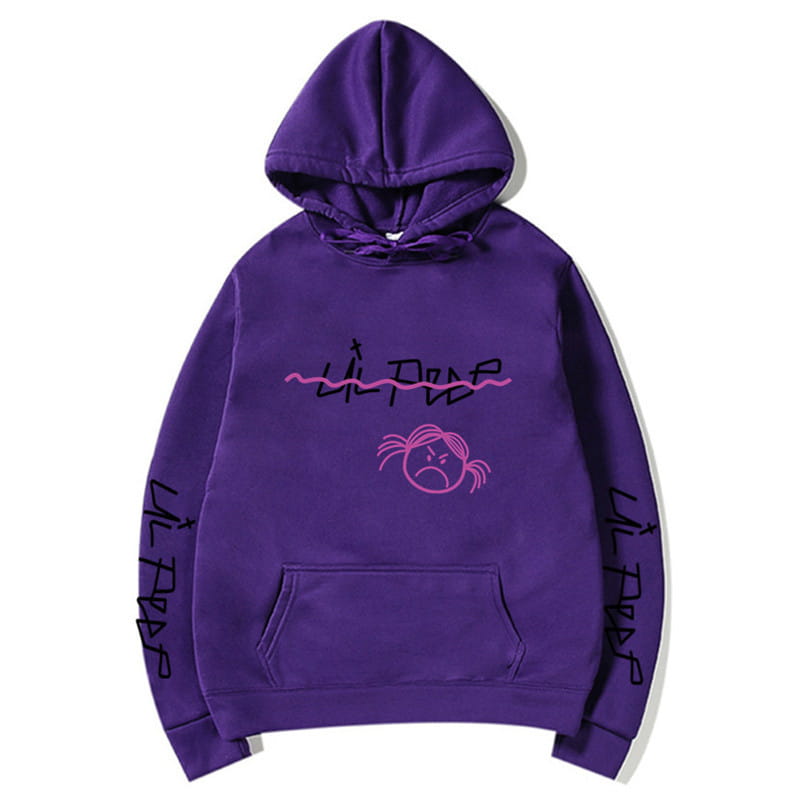 Lila Kapuzenpullover mit bestickter pink-schwarzer Lil-Peep-Signatur und einer Cartoon-Gesichtsgestaltung vorne, passender Kordel-Kapuze sowie einer Kängurutasche.