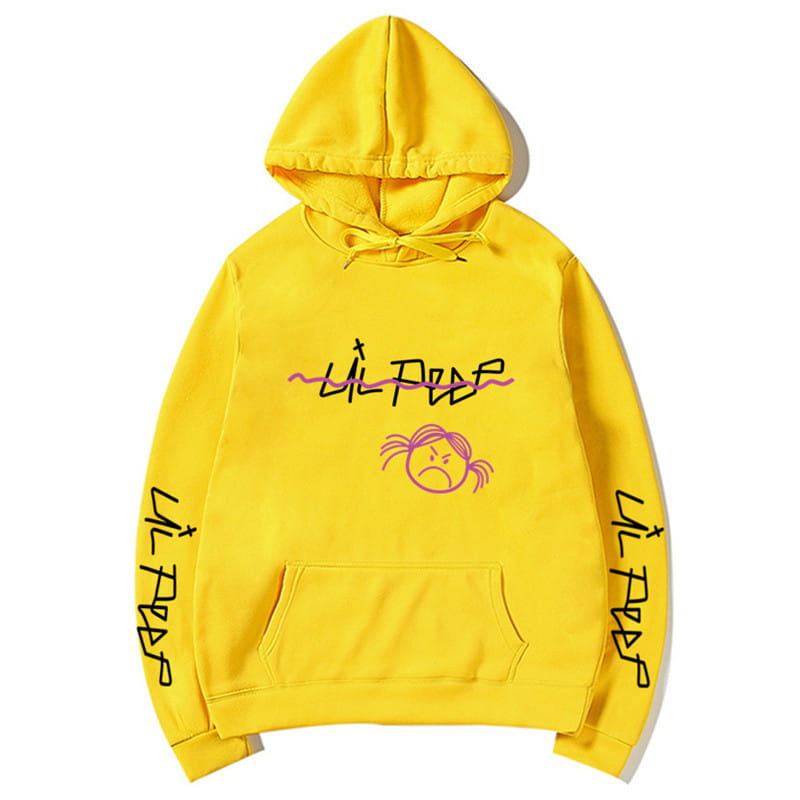 Leuchtend gelber Kapuzenpullover: mit einer pink-schwarzen Lil-Peep-Grafik mit illustriertem Gesicht vorne und passendem Text, beidseitig senkrecht über beide Ärmel gedruckt
