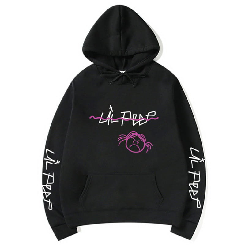 Schwarzer Kapuzenpullover: mit pinken und weißen Lil-Peep-Graffiti-Style-Buchstaben sowie einer passenden Cartoon-Gesichtsgrafik auf der Brust, mit wiederholtem Text auf beiden Ärmeln.