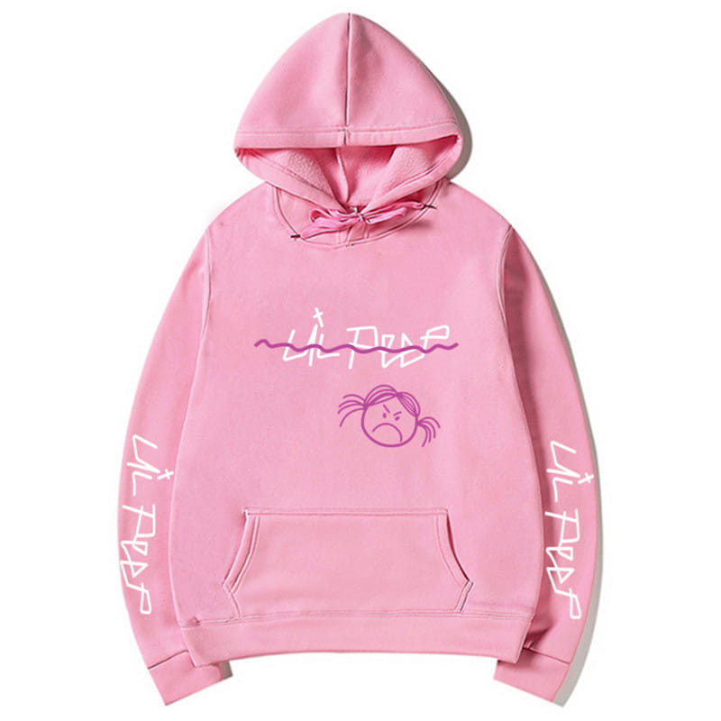 Pinkfarbener Lil-Peep-Grafikdruck-Pullover mit Kapuze: mit lila- und weißer Graffiti-Style-Beschriftung über die Brust, einer passenden Cartoon-Gesichtsgrafik darunter sowie wiederholendem Text auf jedem Ärmel.