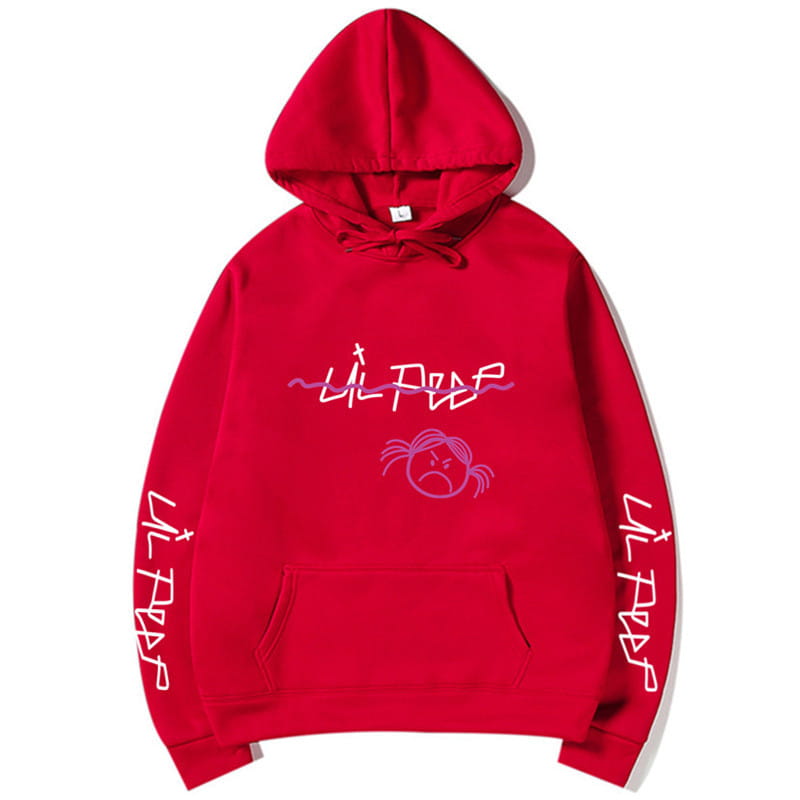 Roter Hoodie-Pullover mit Kapuze: mit Lil-Peep-Branding und einer lila Grafik vorne sowie passender Beschriftung entlang beider Ärmel.