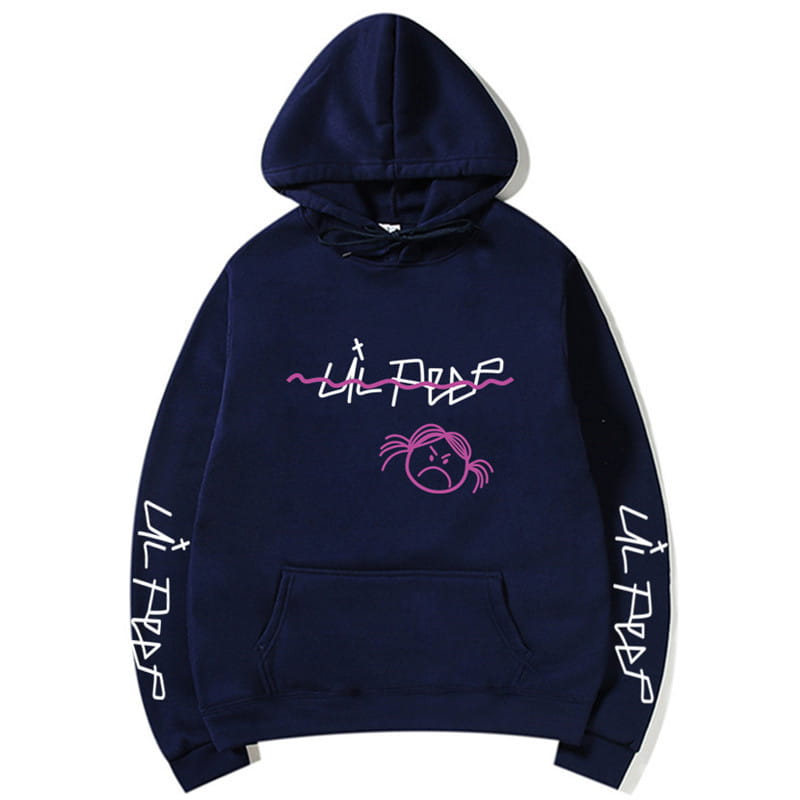 Dunkelnavyblauer Kapuzenpullover: mit einem pink bestickten Lil-Peep-Logo mit Cartoon-Gesicht und weißer Beschriftung an den Ärmeln.
