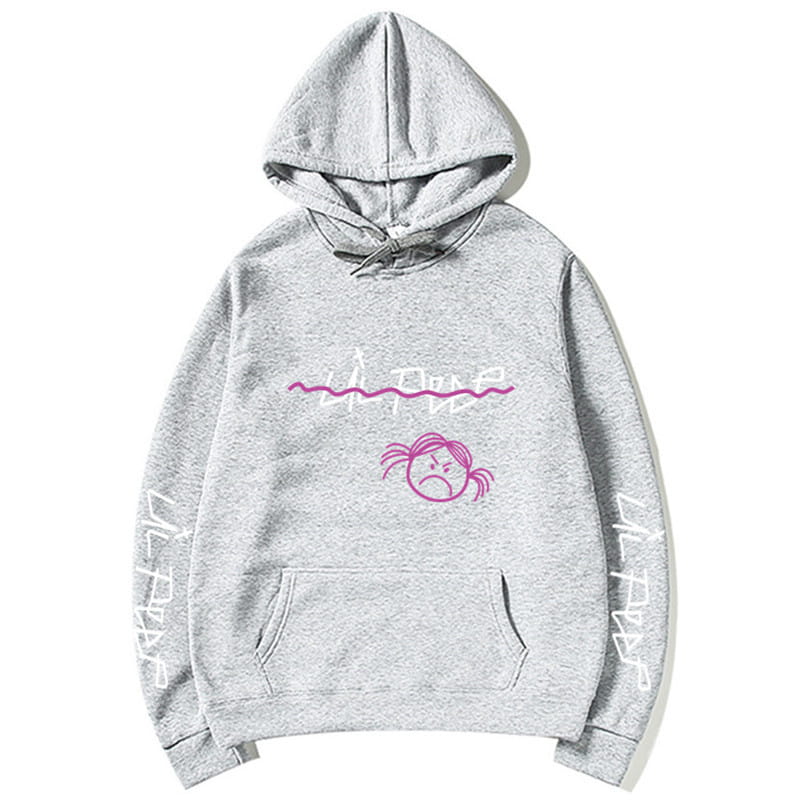 Grauer Kapuzenpullover: mit pinkem Graffiti-Style Lil-Peep-Text und passender Cartoon-Gesichtsgrafik mit weißer Beschriftung an den Ärmeln