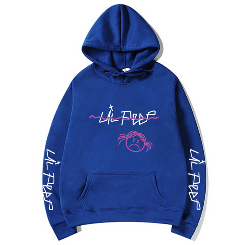 Königsblauer Lil-Peep-Grafikdruck-Kapuzenpullover: mit einem pinken und weißen Cartoon-Gesicht vorne und entlang jedes Ärmels.