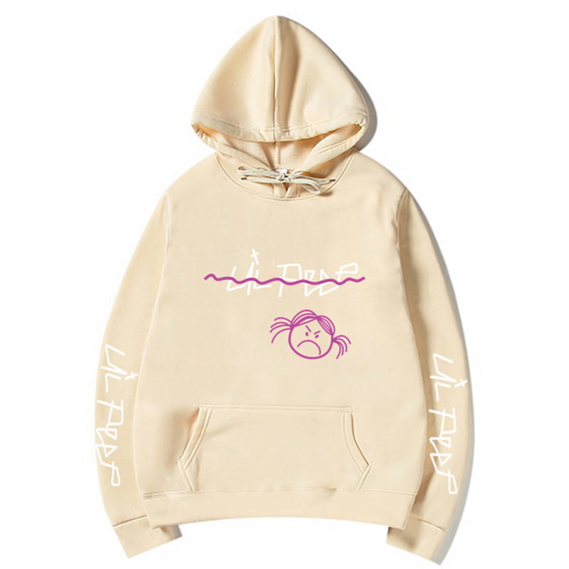 Beiger Kapuzenpullover mit Lil-Peep-Graffiti-Style in lila und weiß: mit einer Cartoon-Mädchen-Gesichtsgrafik auf der Brust sowie passenden Kordeln.