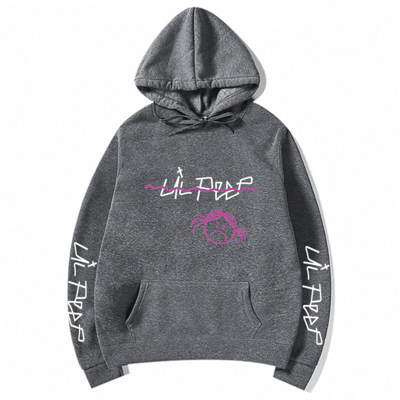 Dunkelgrau melierter Lil-Peep-Grafikdruck-Kapuzenpullover: mit pinken und weißen Graffiti-Style-Buchstaben, einer lila Totenkopf-Grafik darunter sowie senkrechtem Text auf beiden Ärmeln.