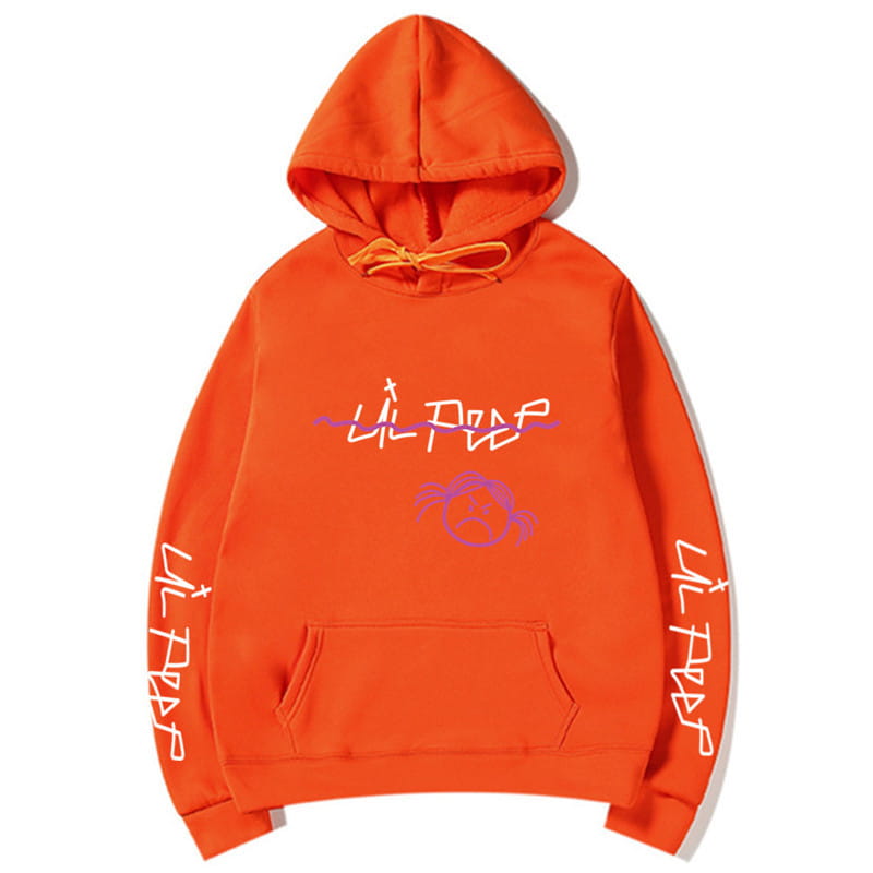 Leuchtend orangefarbener Lil-Peep-Grafikdruck-Kapuzenpullover: mit lila- und weißer Graffiti-Style-Beschriftung über die Brust, passender Gesichtsgrafik darunter und senkrechtem Text auf beiden Ärmeln.