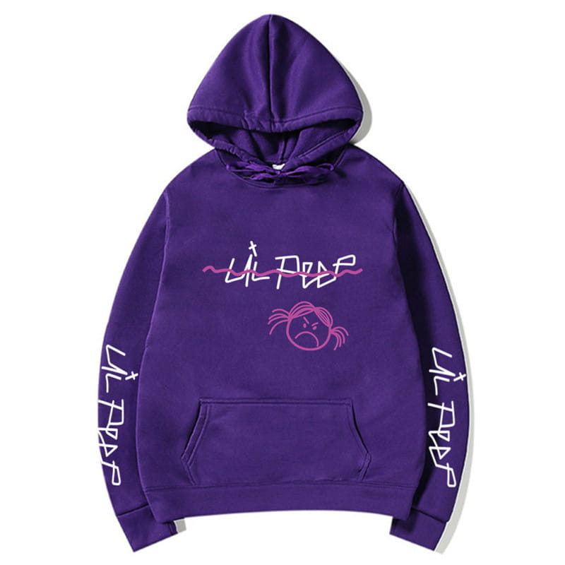 Lila Lil-Peep-Grafikdruck-Kapuzenpullover: mit pinken und weißen Graffiti-Style-Buchstaben über die Brust, einer passenden Cartoon-Gesichtsgrafik darunter sowie wiederholtem Text entlang jedes Ärmels.
