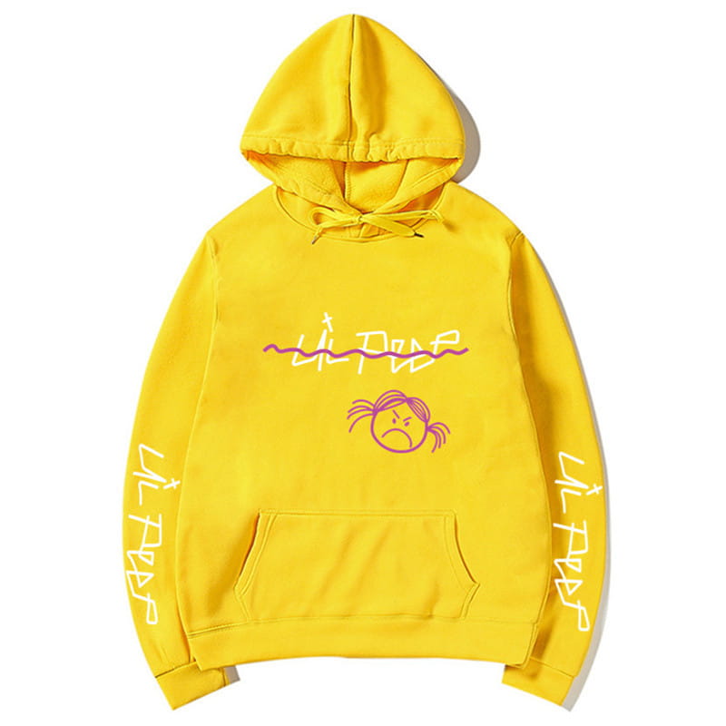 Leuchtend gelber Lil-Peep-Grafikdruck-Kapuzenpullover: mit einer lila Signatur und Cartoon-Gesichtsgrafik mit passendem Text, beidseitig über beide Ärmel gedruckt.