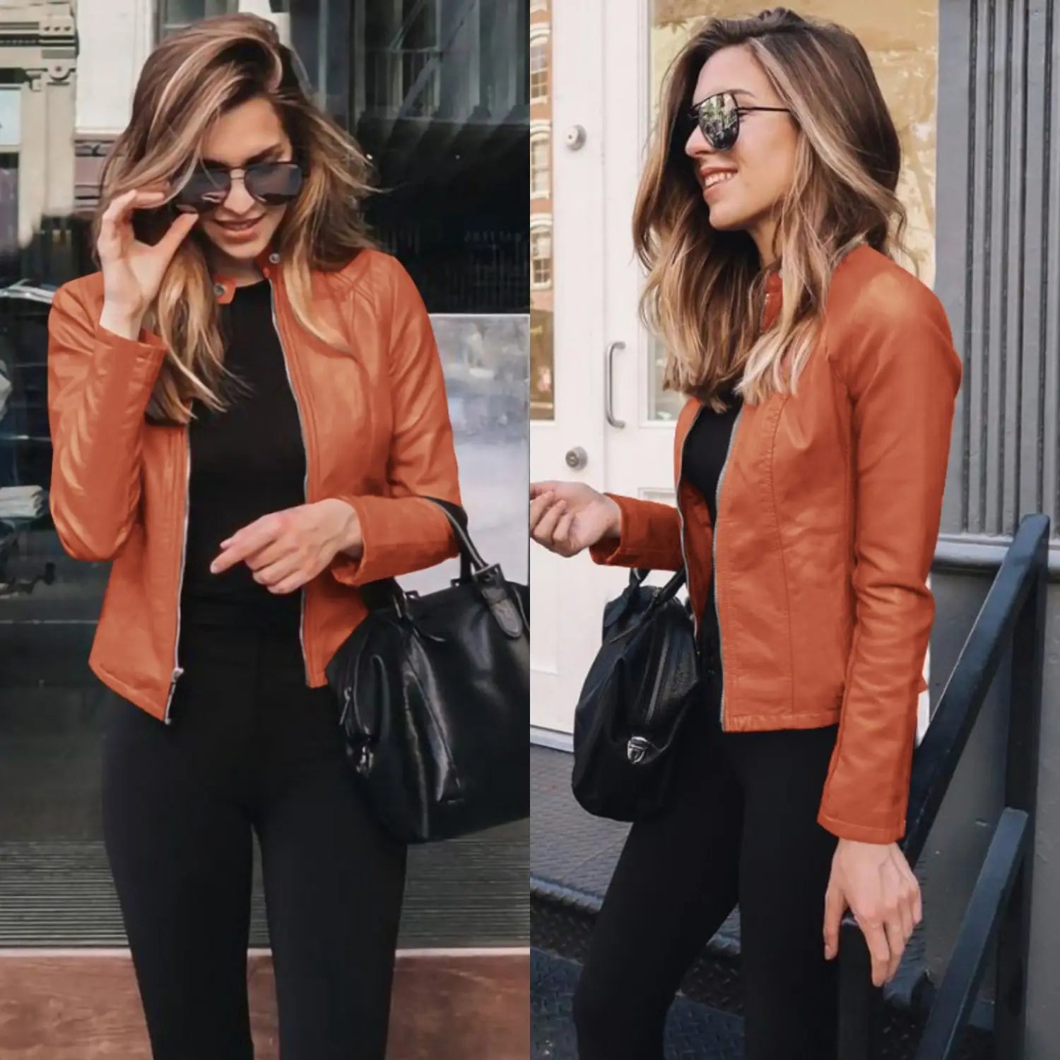 A stylish rust-orange faux leather bomber jacket featuring a sleek fitted design and zip up front.