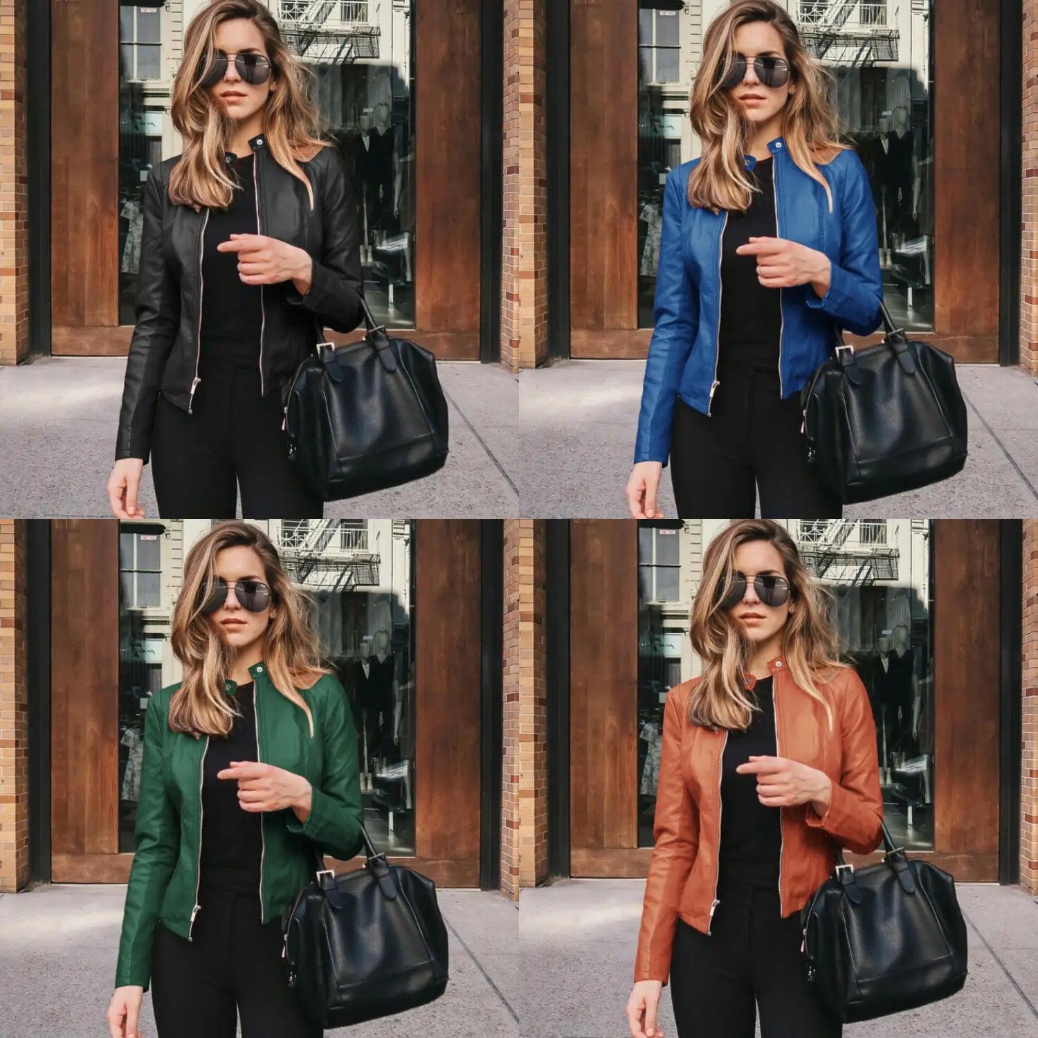 Black faux leather bomber jacket with fitted zip up front and snap buttons.