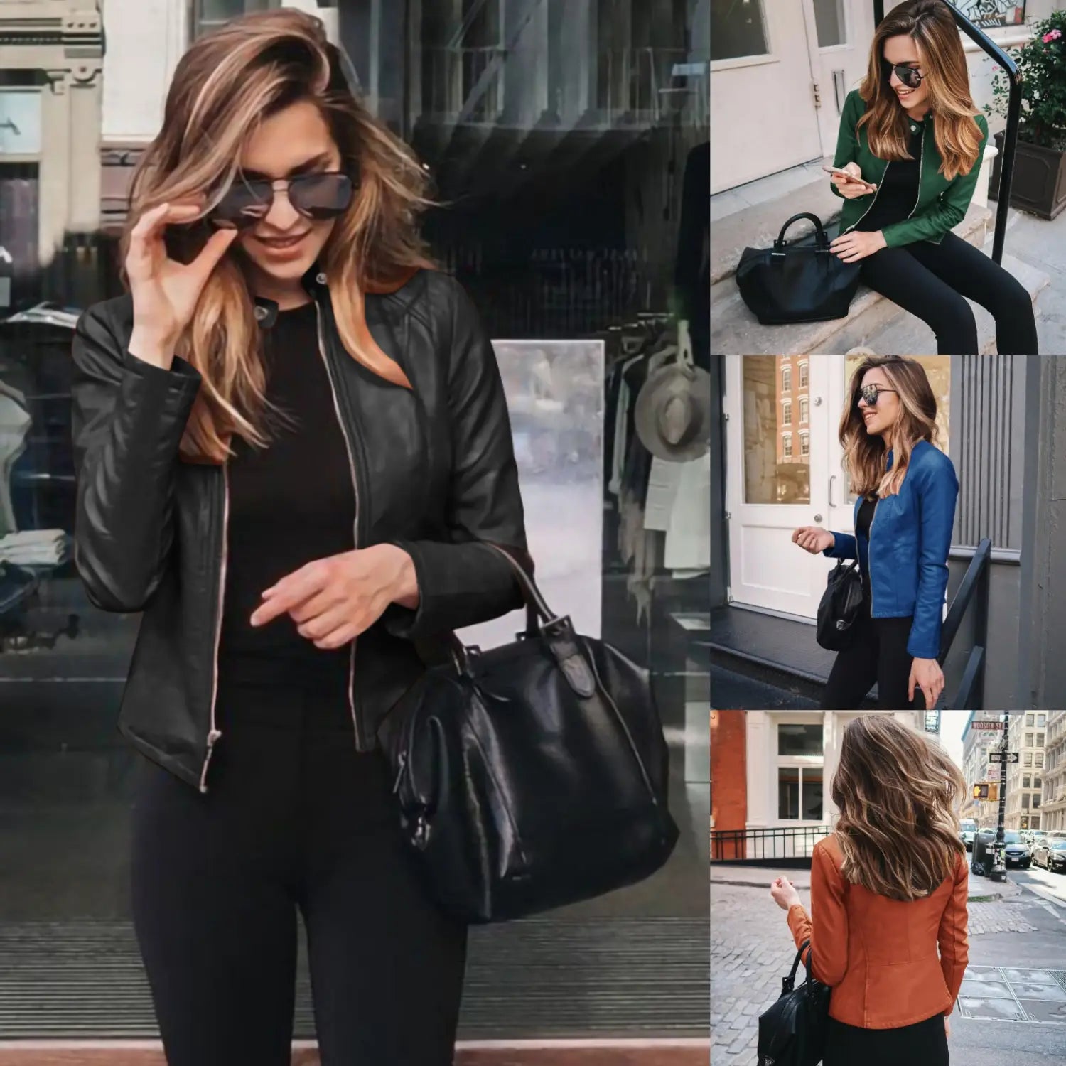 Black leather handbag with a structured shape and top handle paired with a faux leather bomber jacket fitted zip up coat.