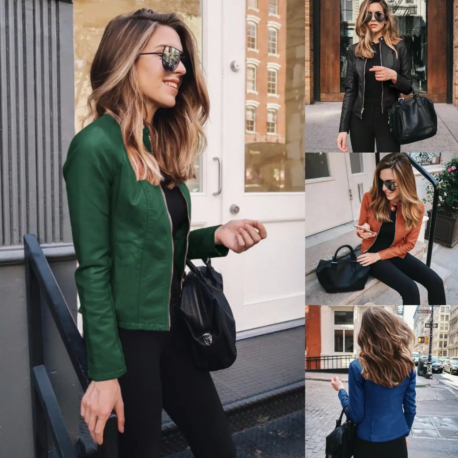 black leather handbag with subtle metallic logo paired with a faux leather bomber jacket fitted zip up coat in black