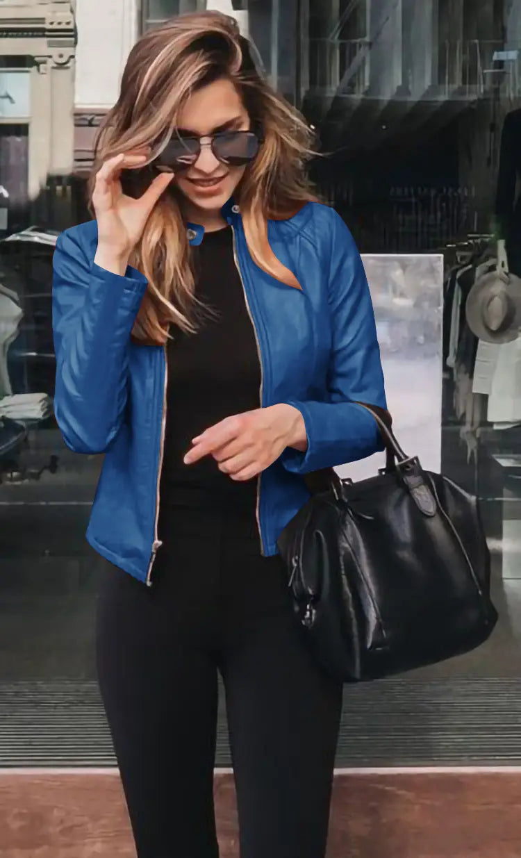 Vibrant blue faux leather bomber jacket fitted zip up coat with a smooth texture and classic collar.
