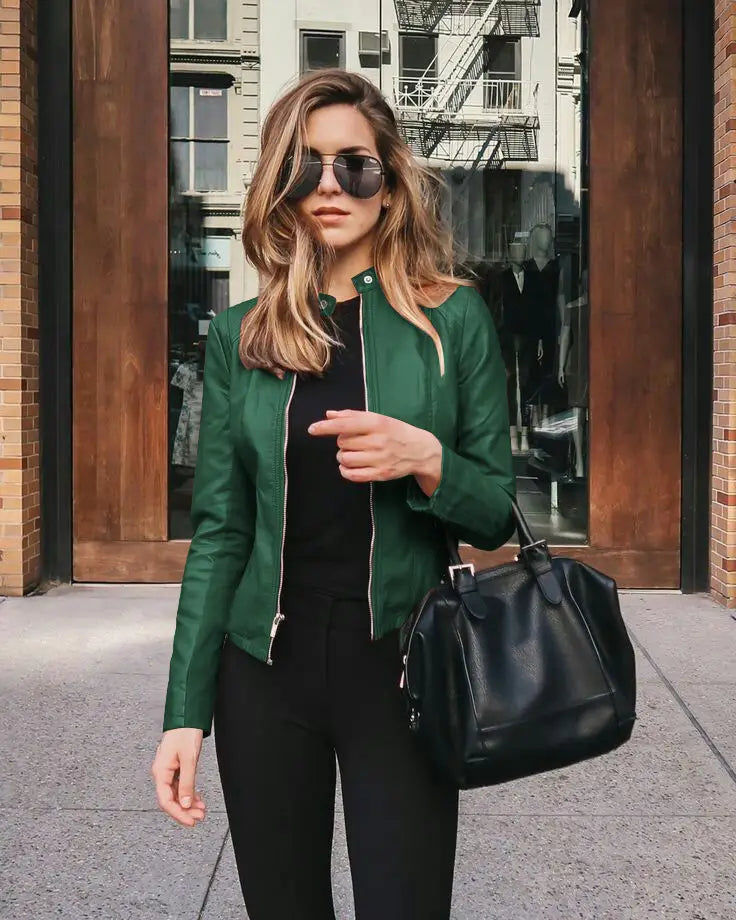 green faux leather bomber jacket fitted zip up coat showcasing its front side with a sleek design and zip closure
