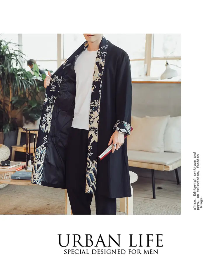 Plus size mens black long coat featuring intricate white and gold dragon embroidery along the collar, cuffs, and front opening.