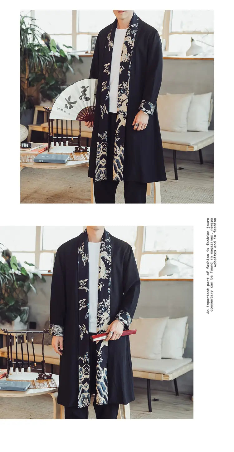 Plus Size dragon embroidered mens long coat in black with intricate white and gold dragon embroidery along the front, cuffs, and collar in hanbok-style long-sleeved design.