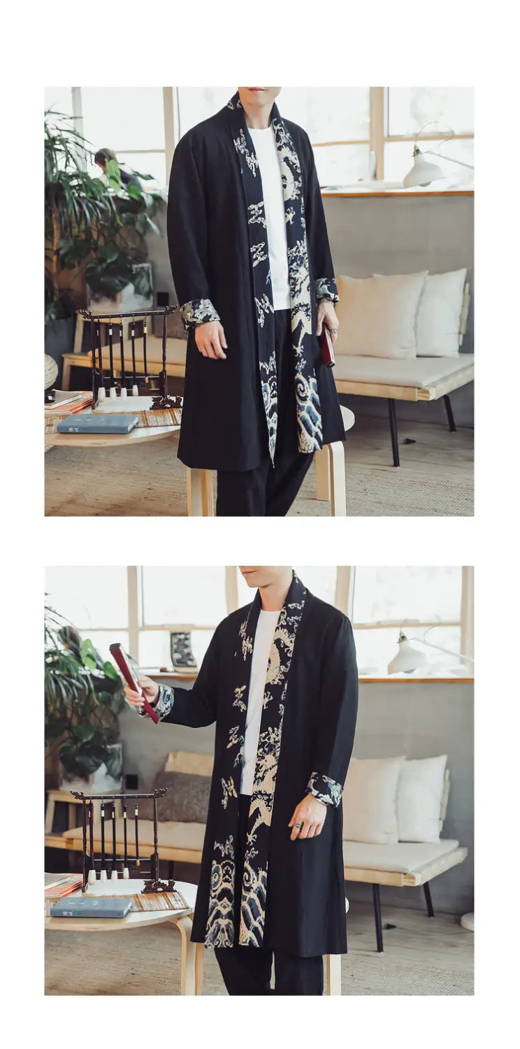 Plus size dragon embroidered mens long coat in black long-sleeved robe style with intricate white and gold patterned trim along the collar, cuffs, and front opening.