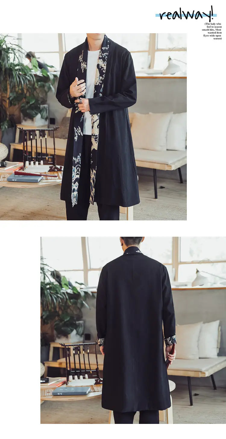 Plus size mens long black coat featuring intricate white and gold dragon embroidery along the collar and cuffs with a modern yet traditional design.