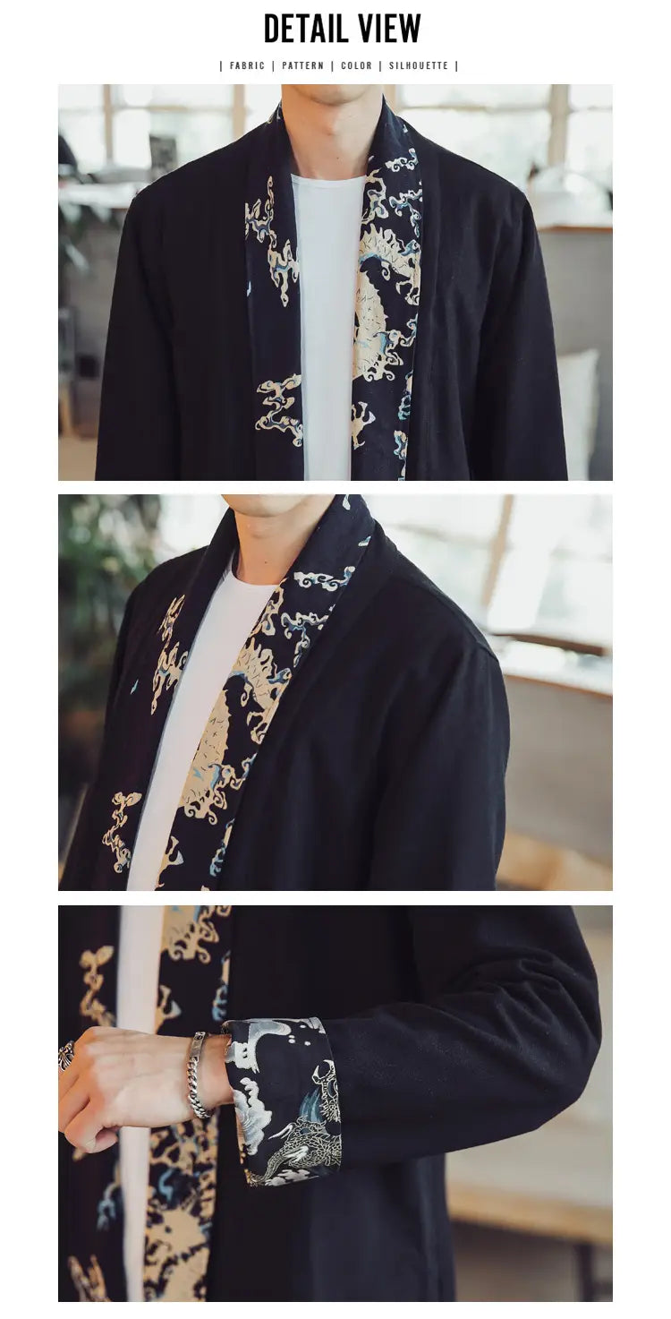 Plus size mens long coat in black featuring intricate gold dragon embroidery and peacock-patterned cuffs.